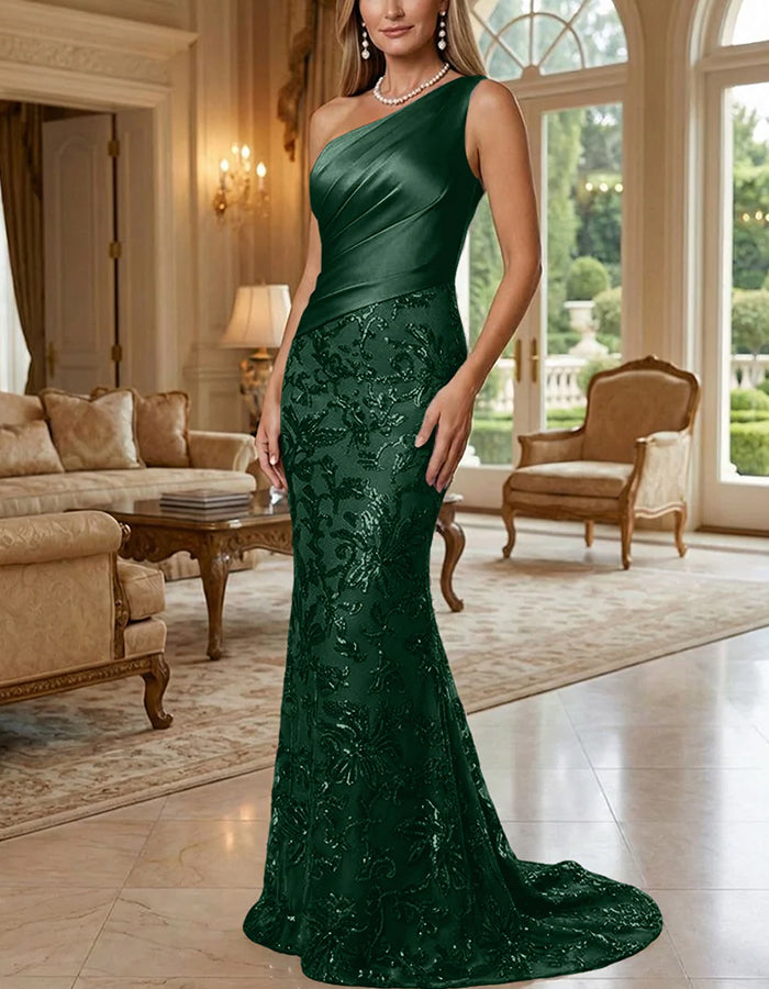 One-Shoulder Ruched Satin & Sequin Maxi Dress