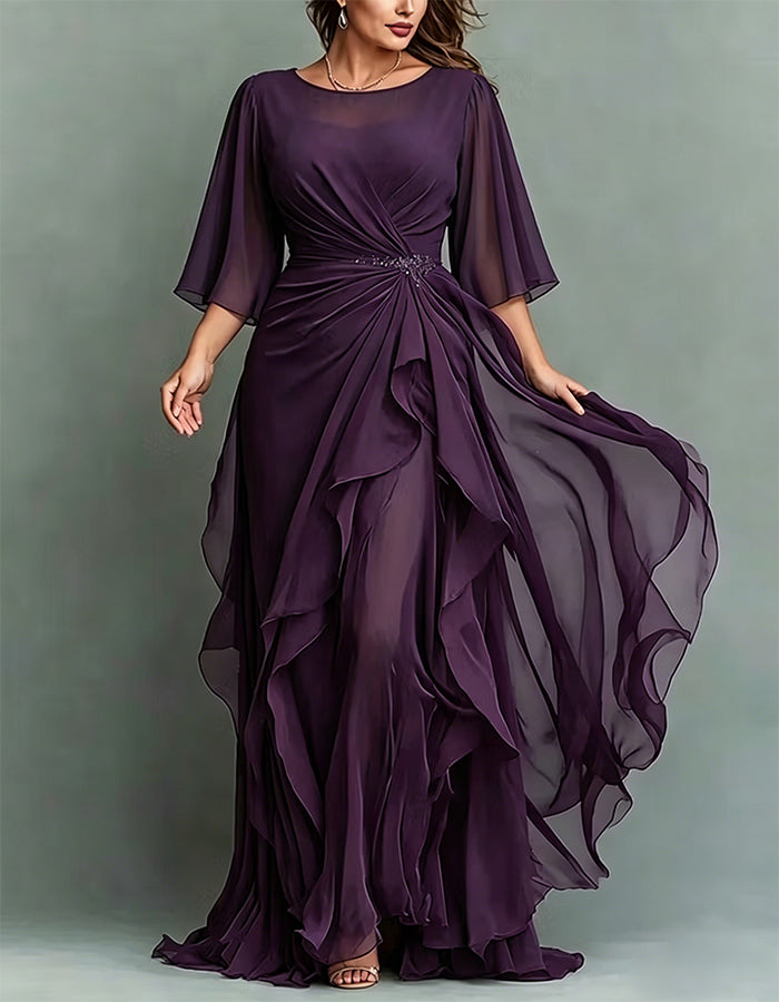 Maxivestido de gasa con volantes retorcidos, apliques y cuello redondo azul marino