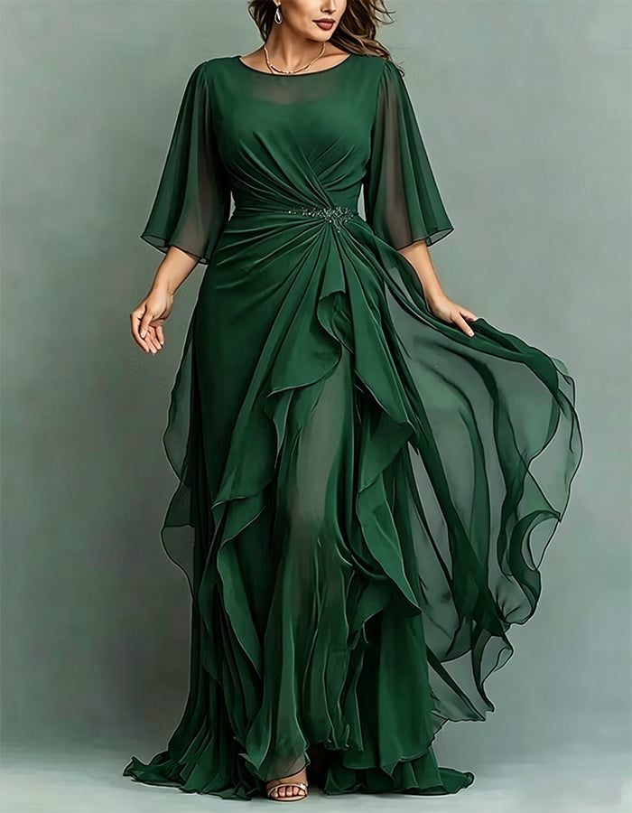Maxivestido de gasa con volantes retorcidos, apliques y cuello redondo azul marino