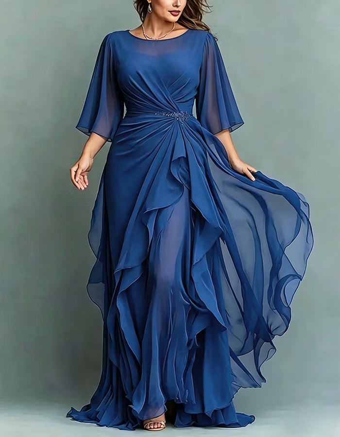 Maxivestido de gasa con volantes retorcidos, apliques y cuello redondo azul marino