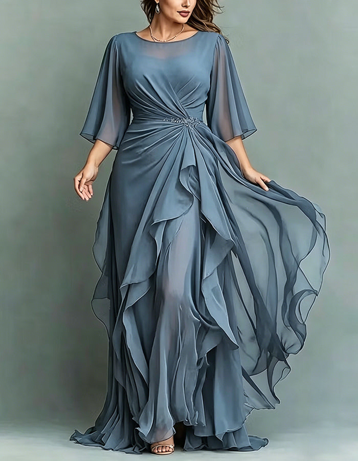 Maxivestido de gasa con volantes retorcidos, apliques y cuello redondo azul marino