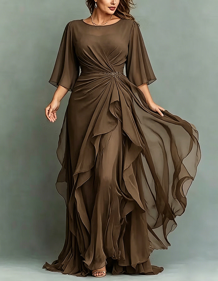 Maxivestido de gasa con volantes retorcidos, apliques y cuello redondo azul marino