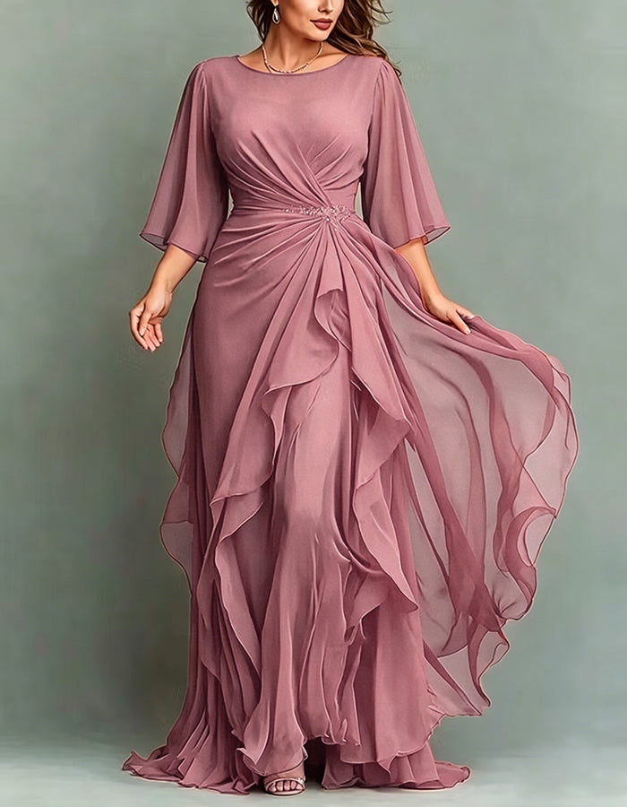 Maxivestido de gasa con volantes retorcidos, apliques y cuello redondo azul marino