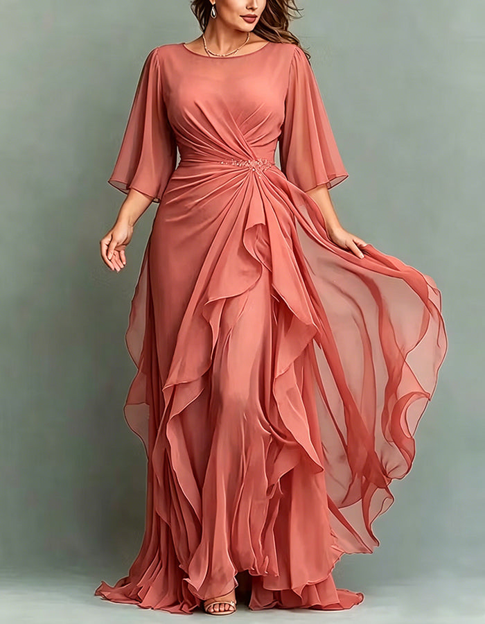 Maxivestido de gasa con volantes retorcidos, apliques y cuello redondo azul marino