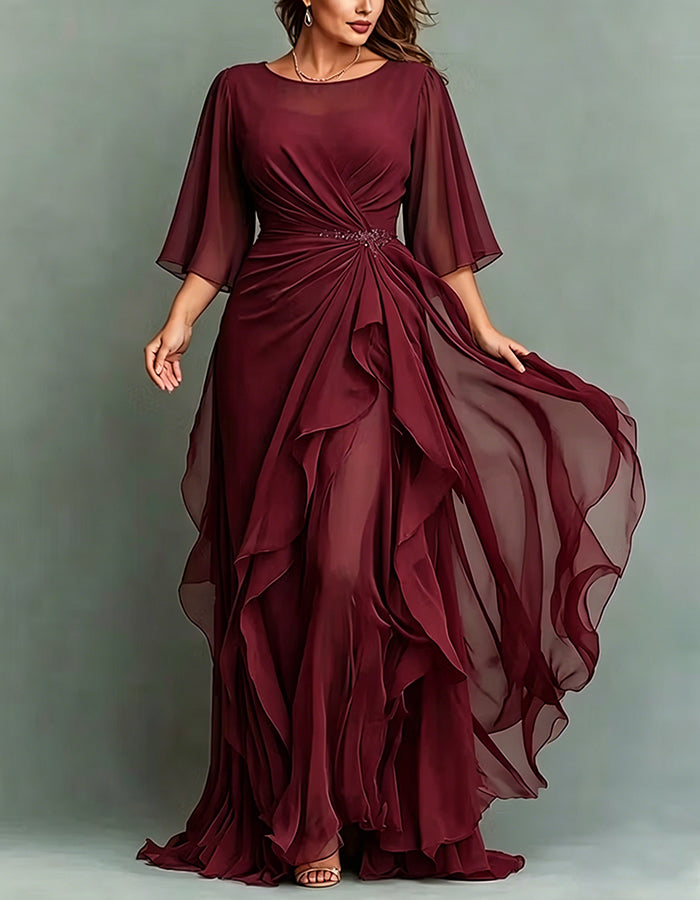 Maxivestido de gasa con volantes retorcidos, apliques y cuello redondo azul marino