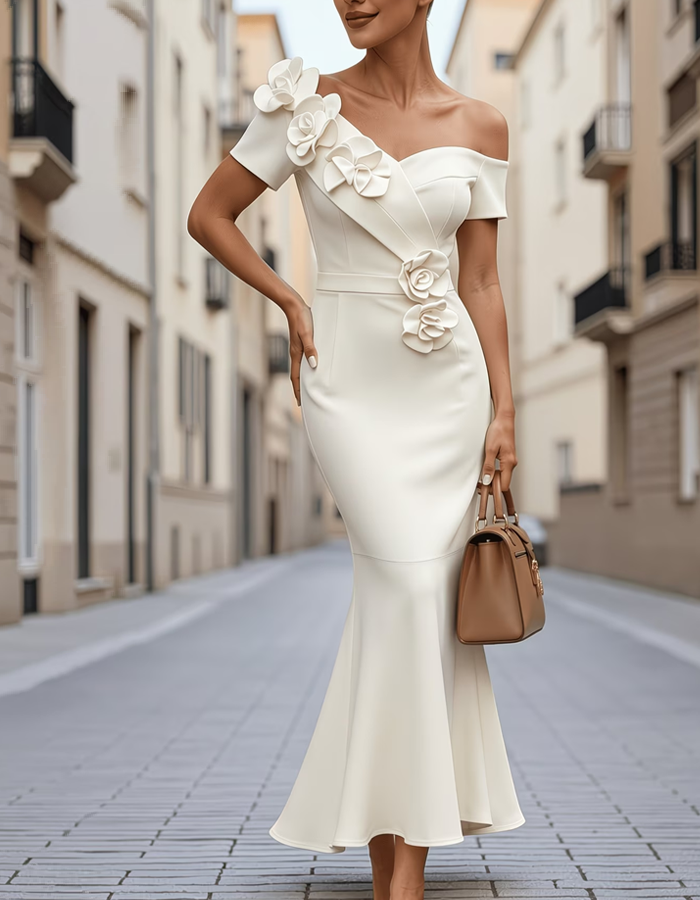 White 3D Roses One-shoulder Maxi Dress