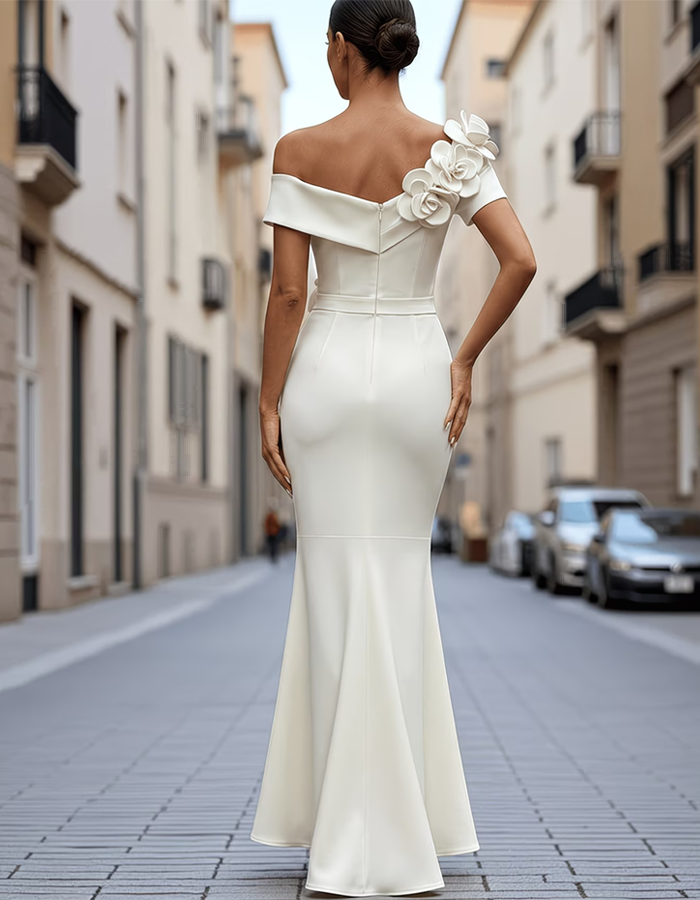 White 3D Roses One-shoulder Maxi Dress