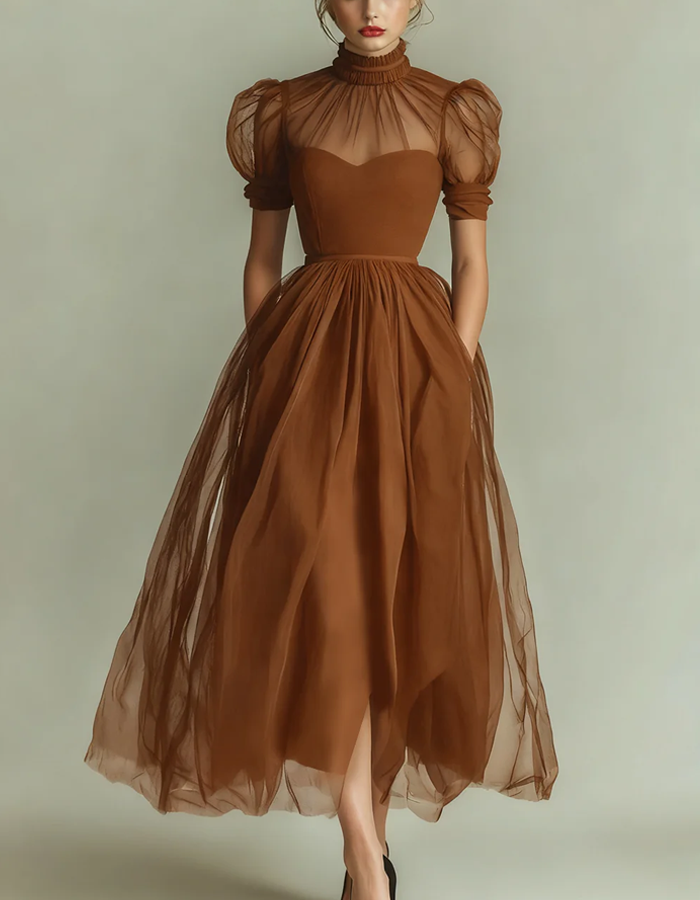 High-necked Tulle Midi Dress