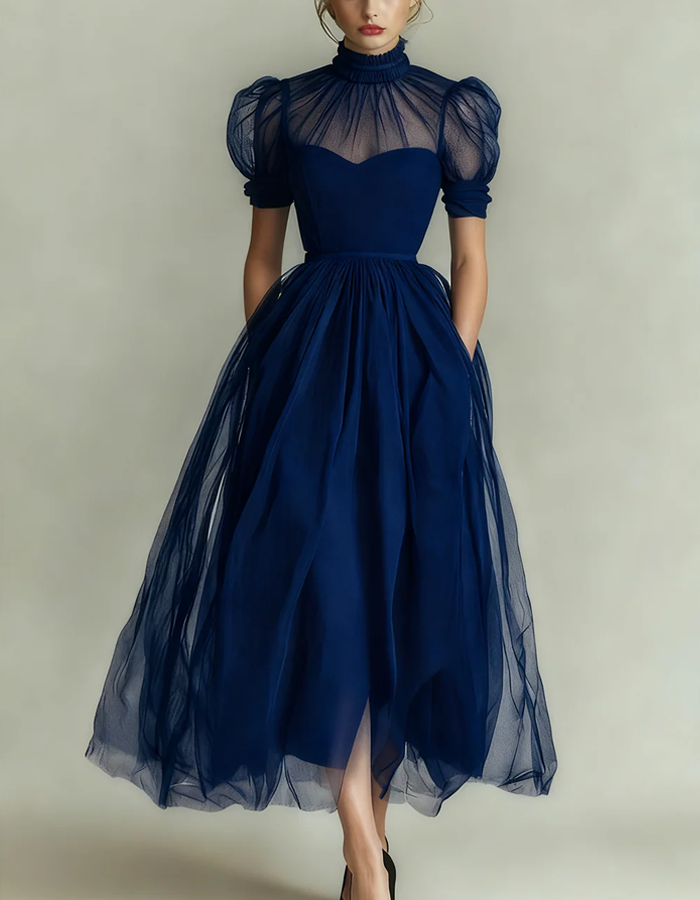 High-necked Tulle Midi Dress