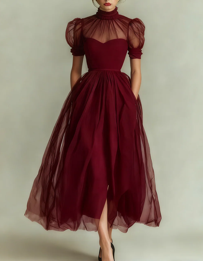 High-necked Tulle Midi Dress