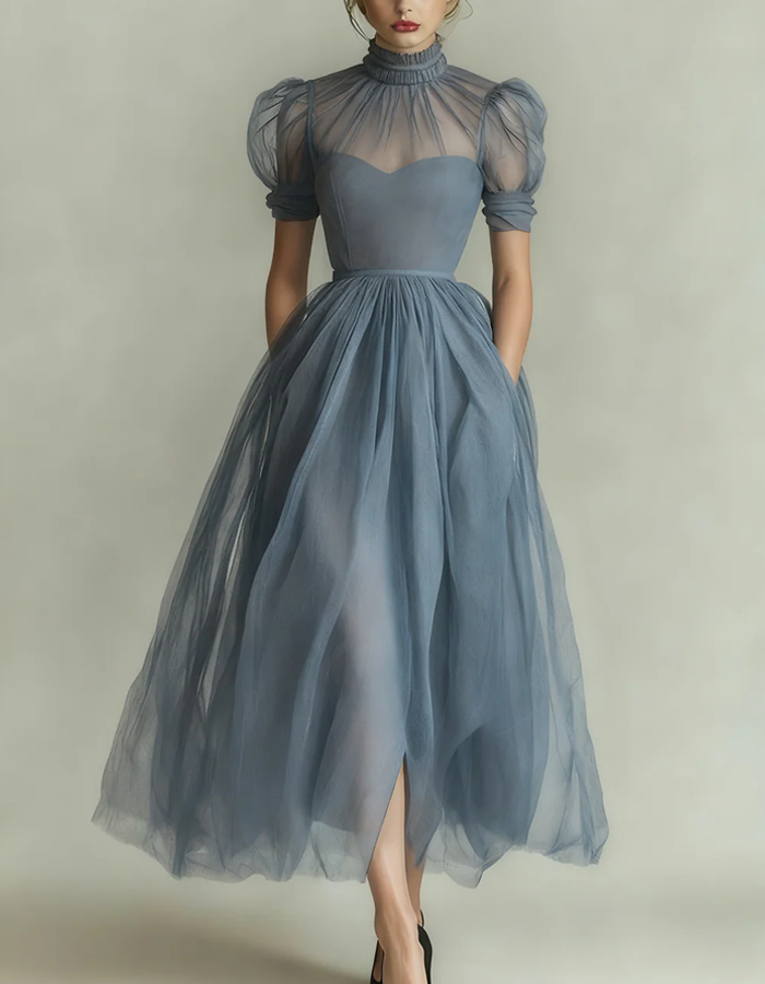High-necked Tulle Midi Dress