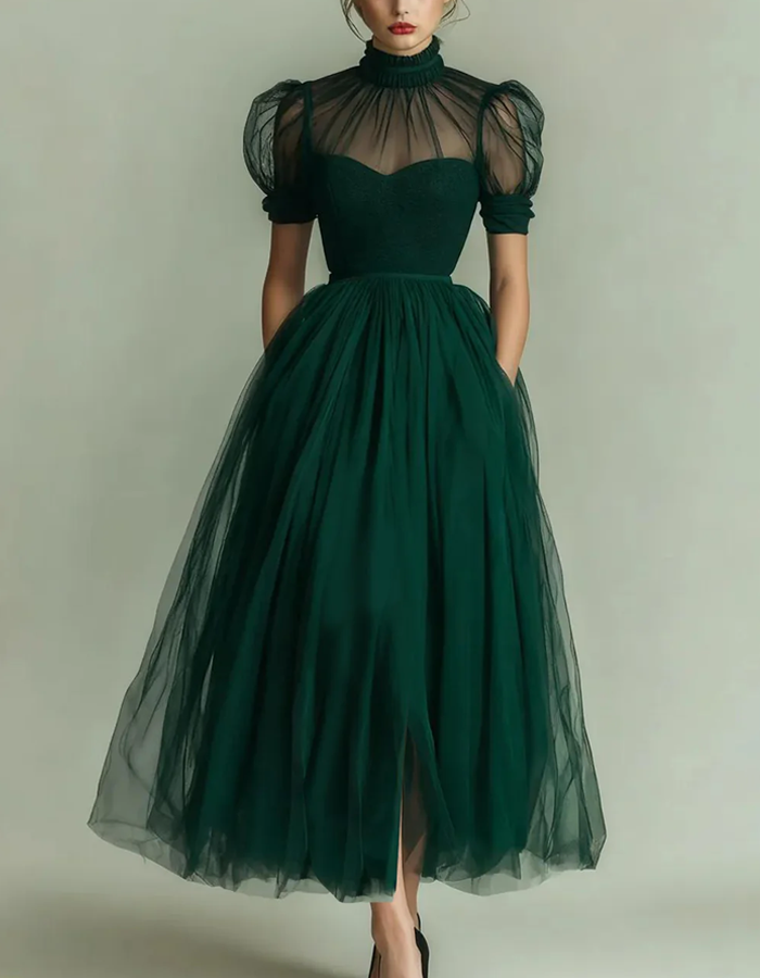 High-necked Tulle Midi Dress