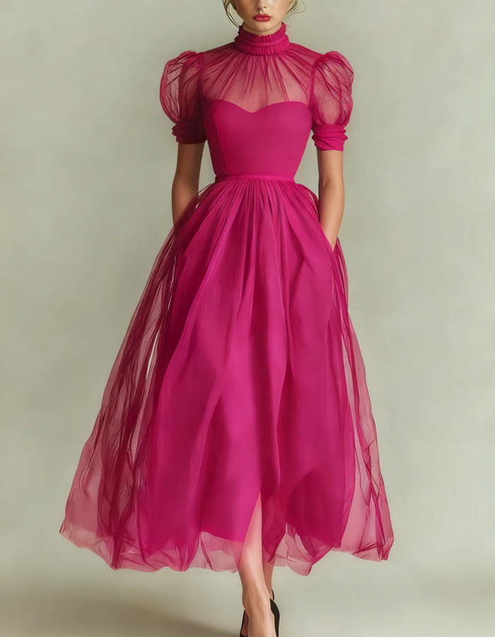 High-necked Tulle Midi Dress