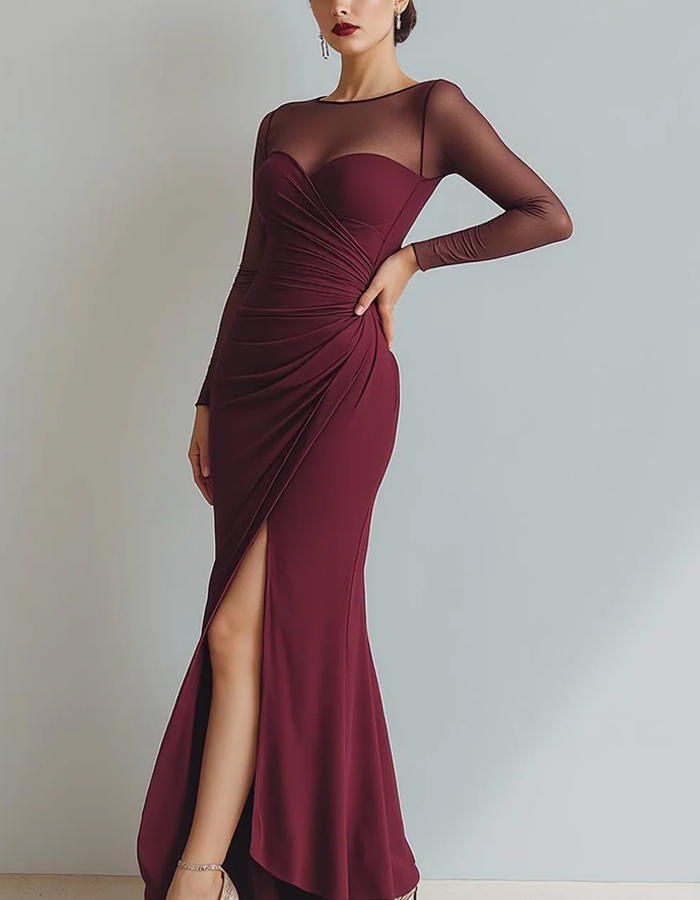 Mesh Neckline Floor-length Wrap-style Maxi Dress