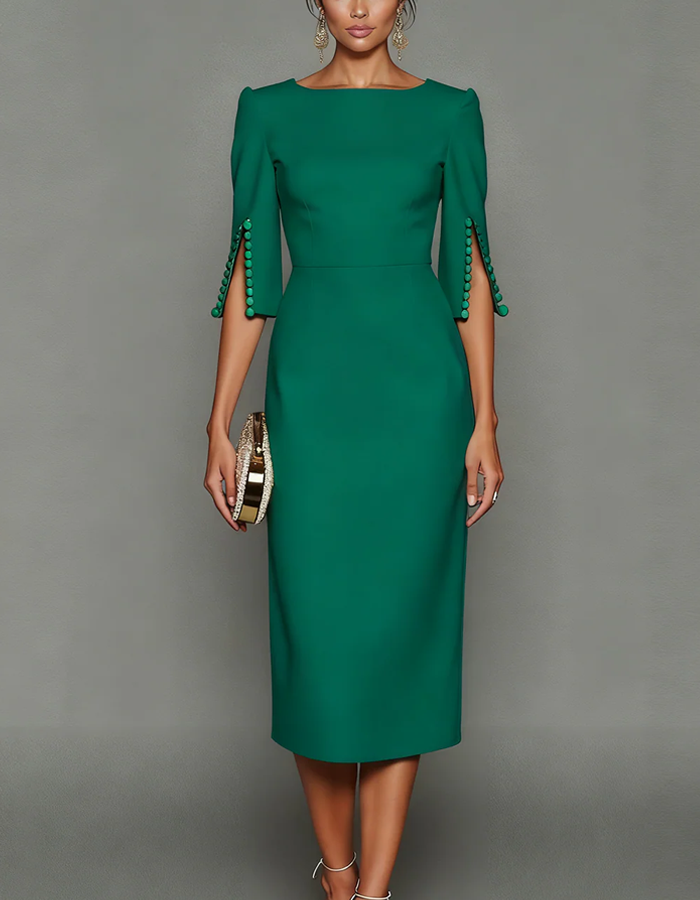 Boat Neck Three-quarter Sleeve Midi Dress