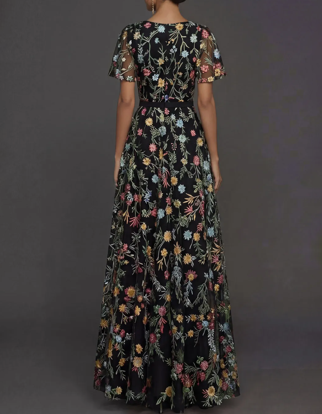 V-Neck Flutter Sleeve Floral Embroidered Tulle A-Line Maxi Dress