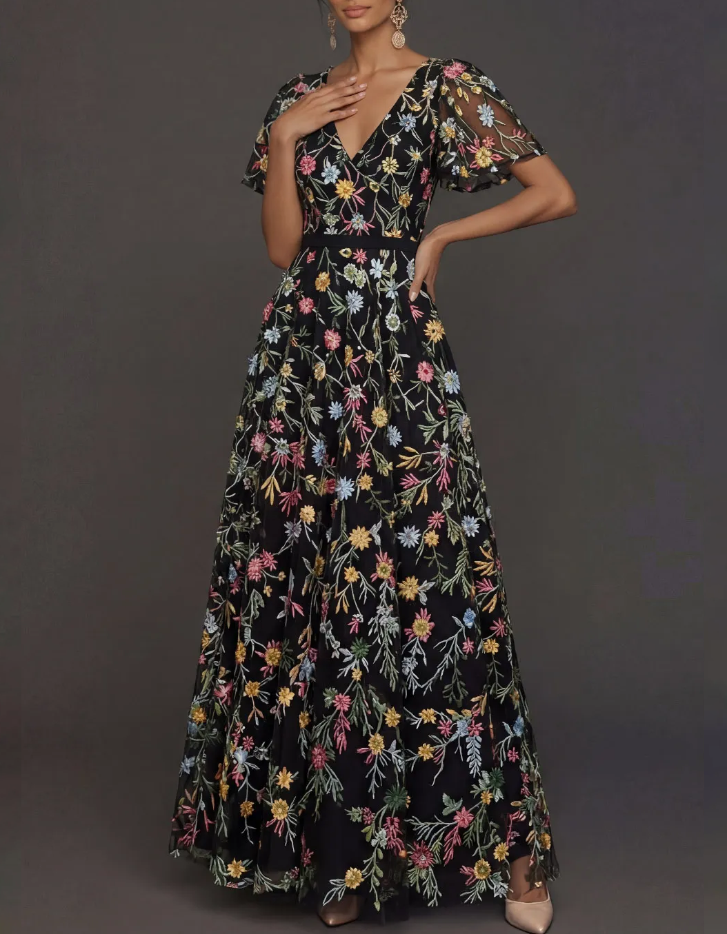 V-Neck Flutter Sleeve Floral Embroidered Tulle A-Line Maxi Dress