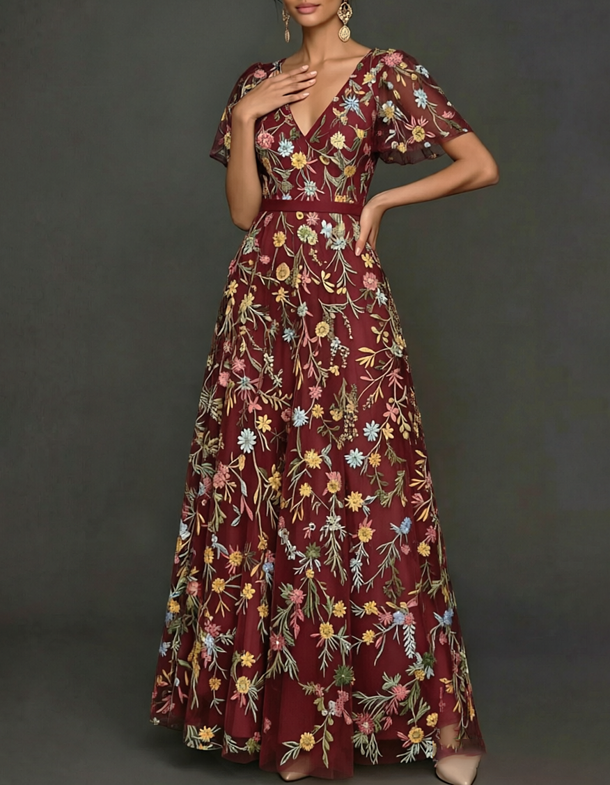 V-Neck Flutter Sleeve Floral Embroidered Tulle A-Line Maxi Dress
