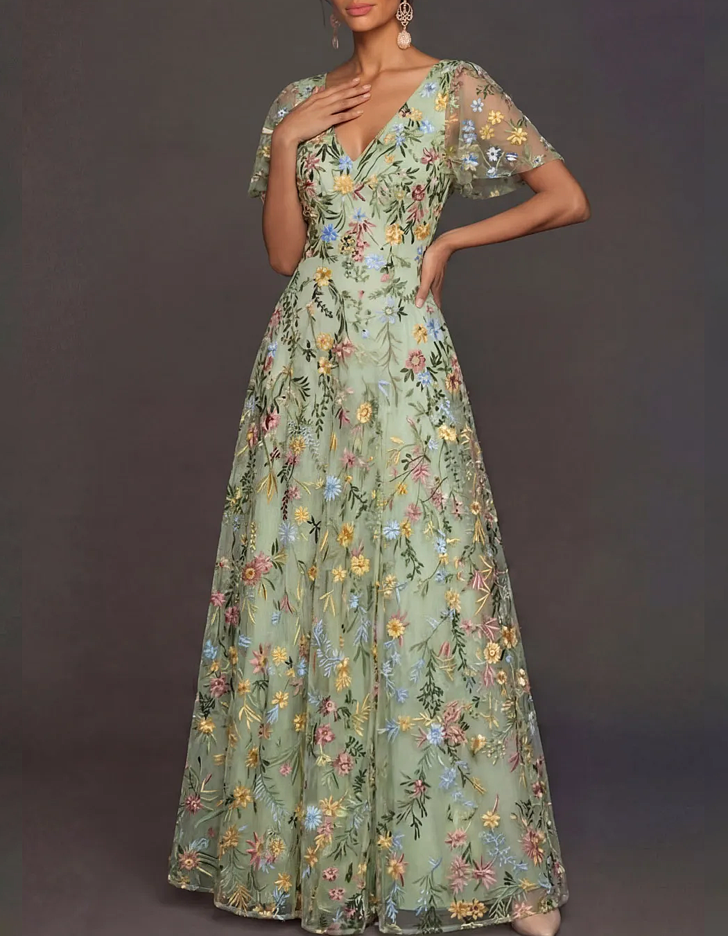 V-Neck Flutter Sleeve Floral Embroidered Tulle A-Line Maxi Dress