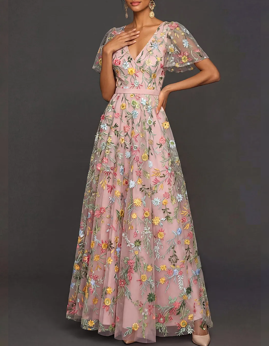 V-Neck Flutter Sleeve Floral Embroidered Tulle A-Line Maxi Dress