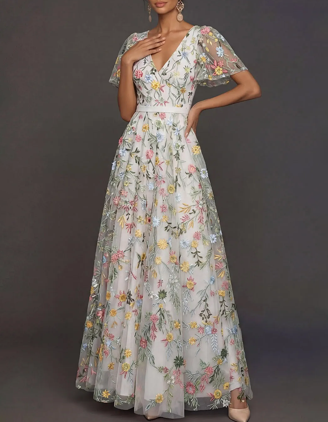 V-Neck Flutter Sleeve Floral Embroidered Tulle A-Line Maxi Dress