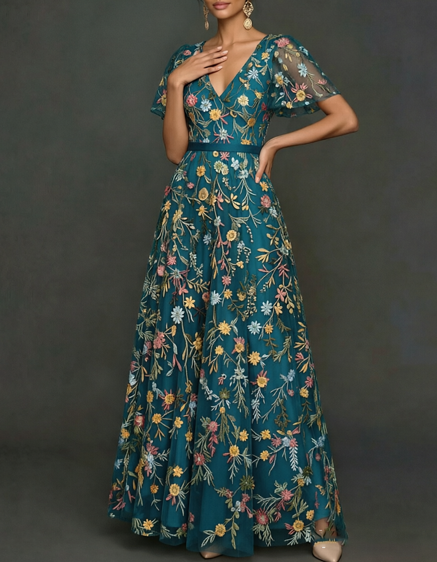 V-Neck Flutter Sleeve Floral Embroidered Tulle A-Line Maxi Dress