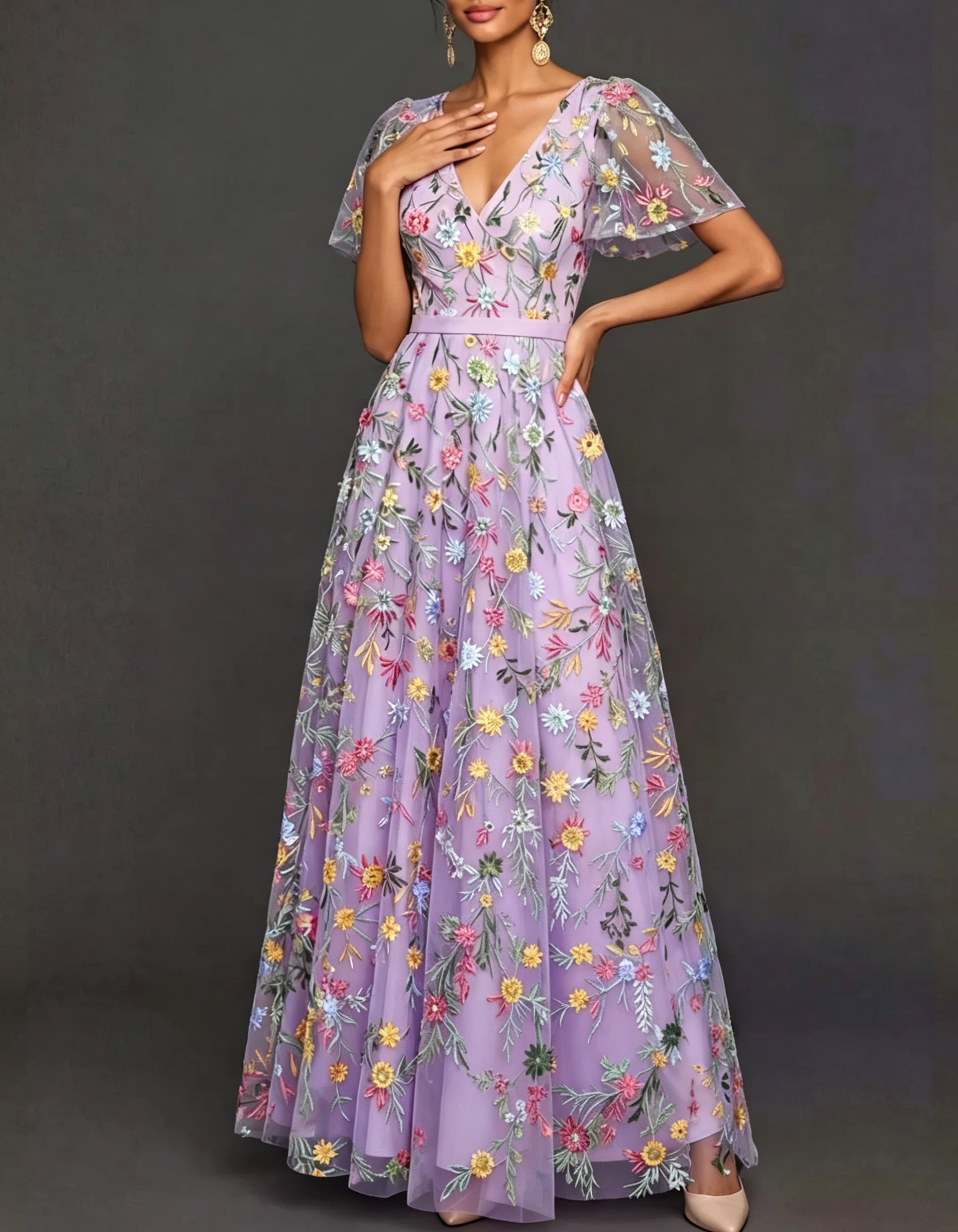 V-Neck Flutter Sleeve Floral Embroidered Tulle A-Line Maxi Dress