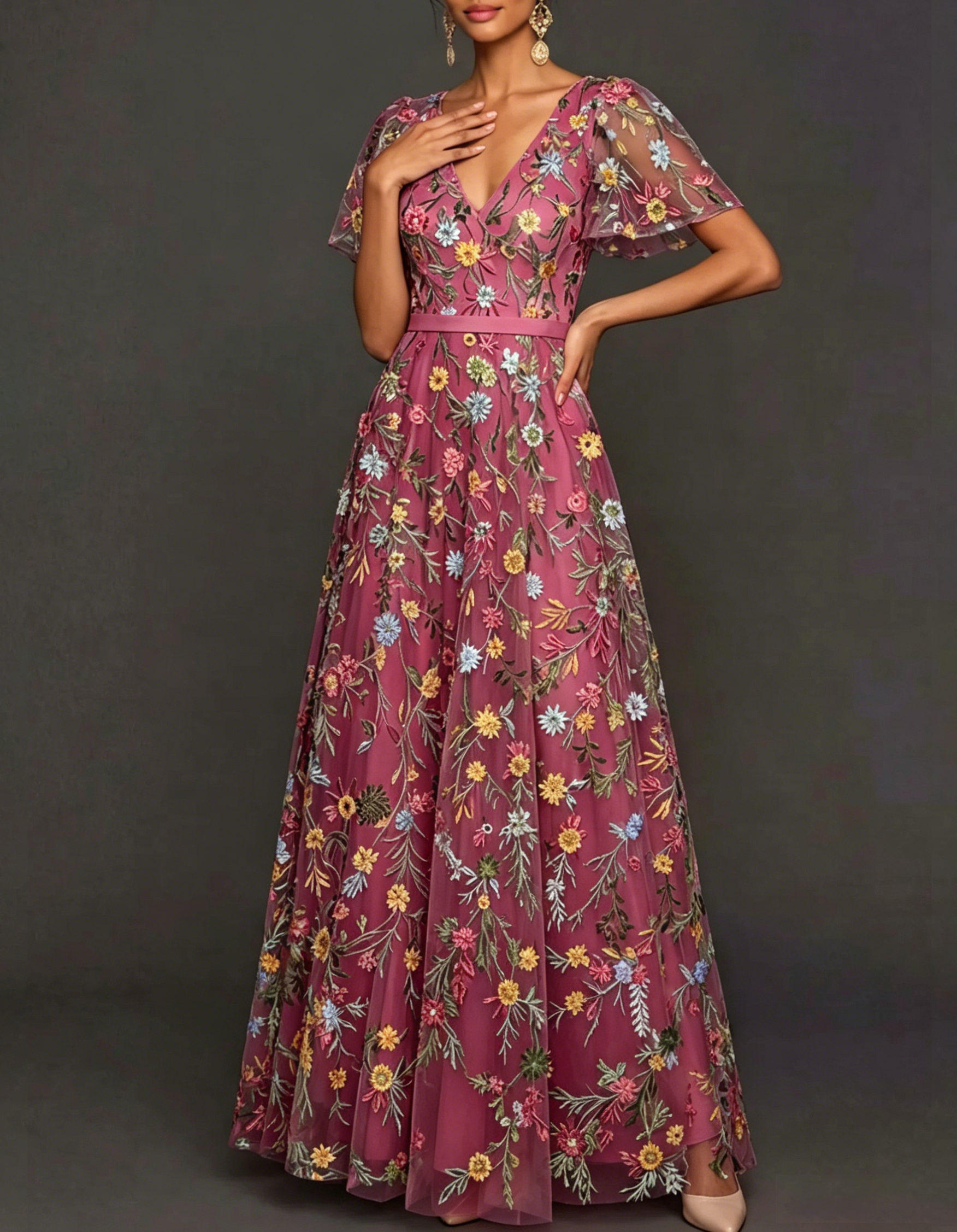V-Neck Flutter Sleeve Floral Embroidered Tulle A-Line Maxi Dress