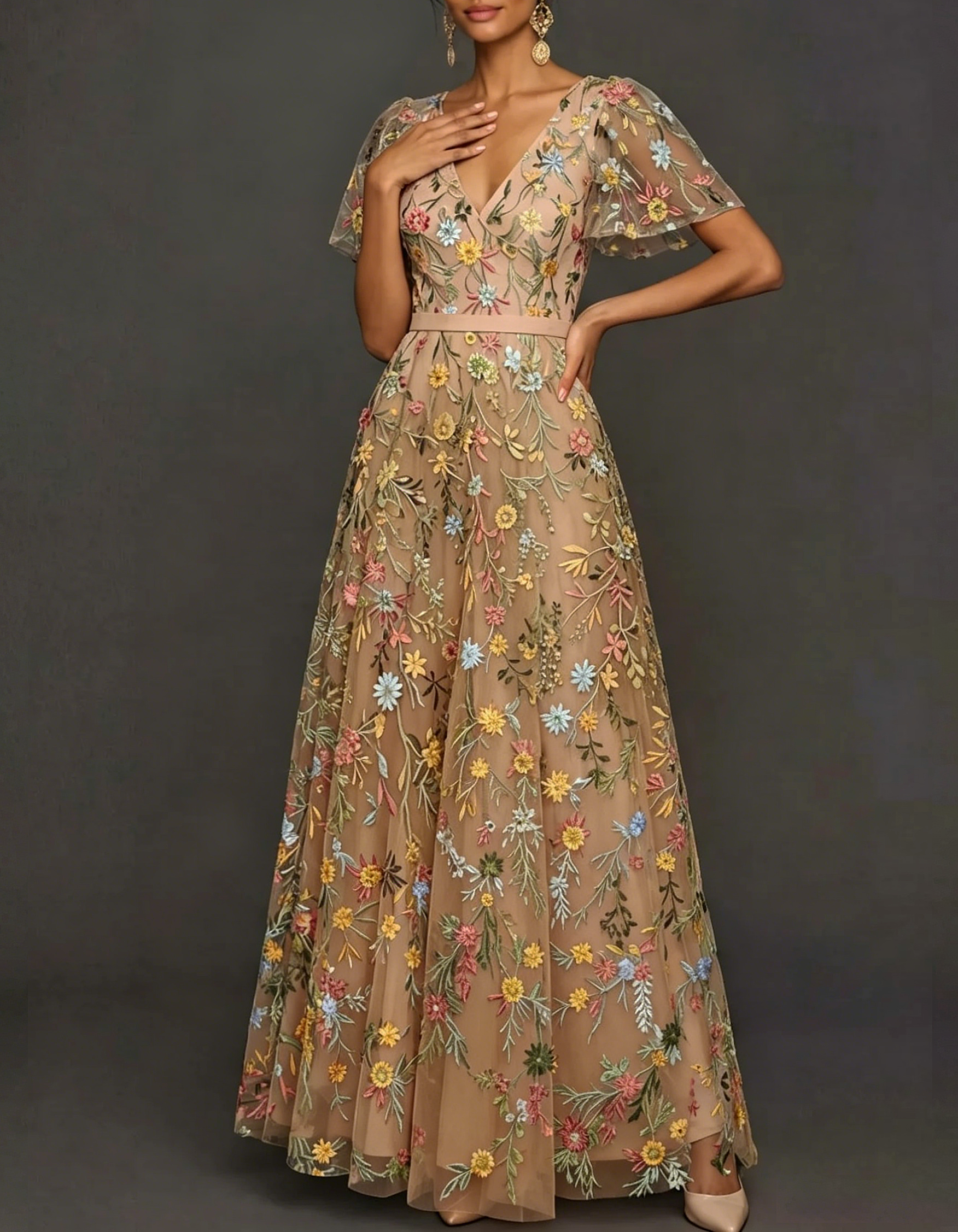 V-Neck Flutter Sleeve Floral Embroidered Tulle A-Line Maxi Dress
