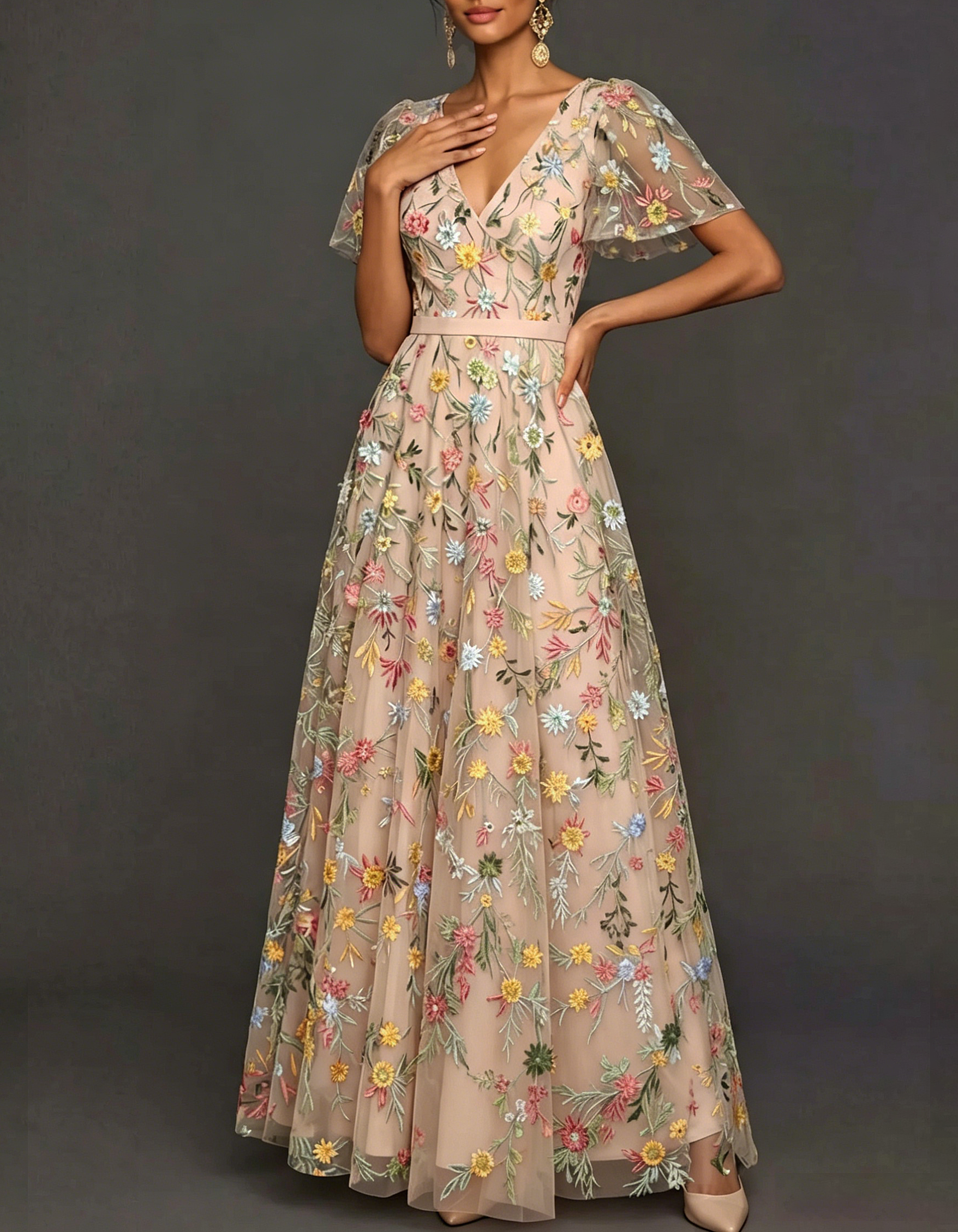 V-Neck Flutter Sleeve Floral Embroidered Tulle A-Line Maxi Dress