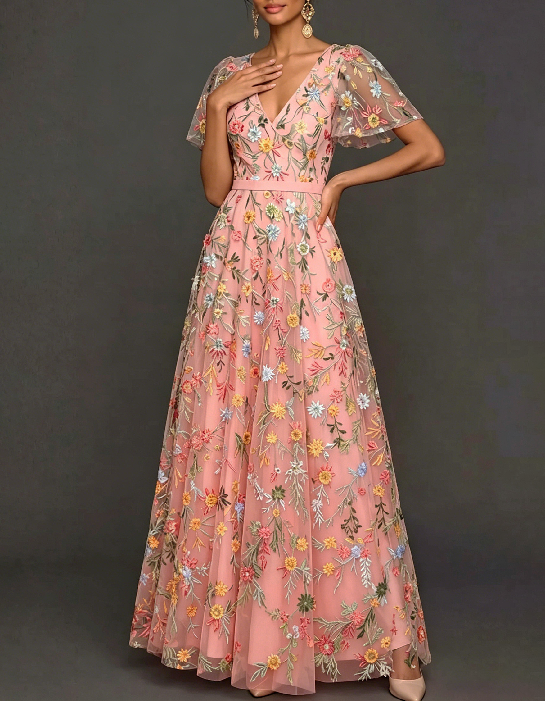 V-Neck Flutter Sleeve Floral Embroidered Tulle A-Line Maxi Dress