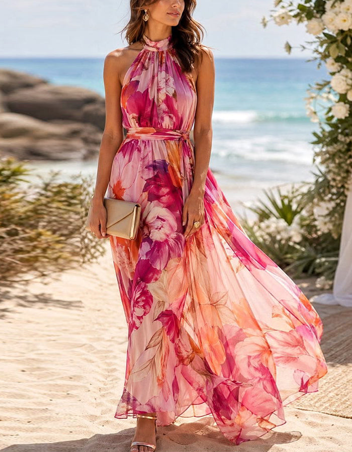 Pink Floral Watercolor Print Chiffon Maxi Dress