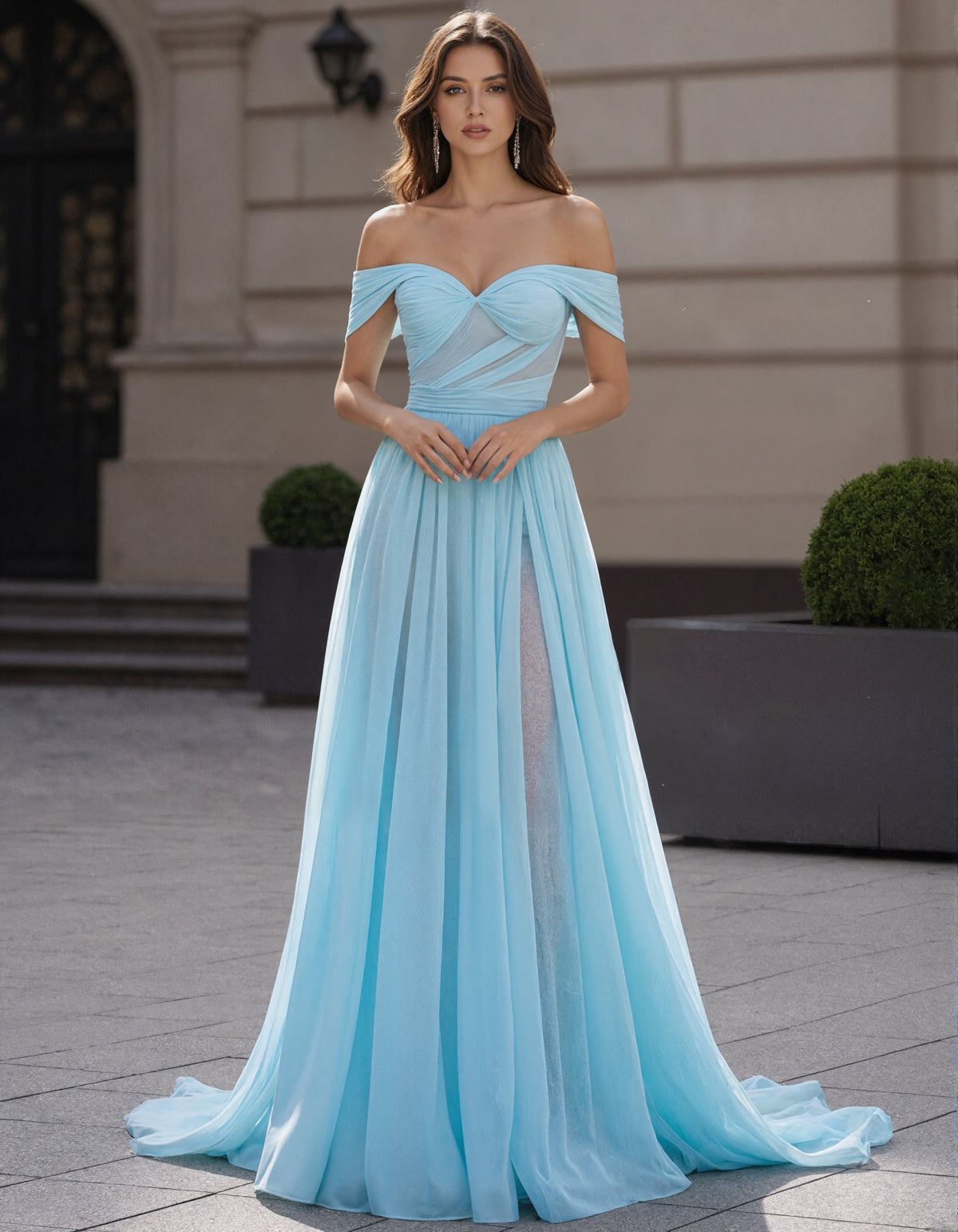 Light Blue Chiffon Off Shoulder Maxi Dress