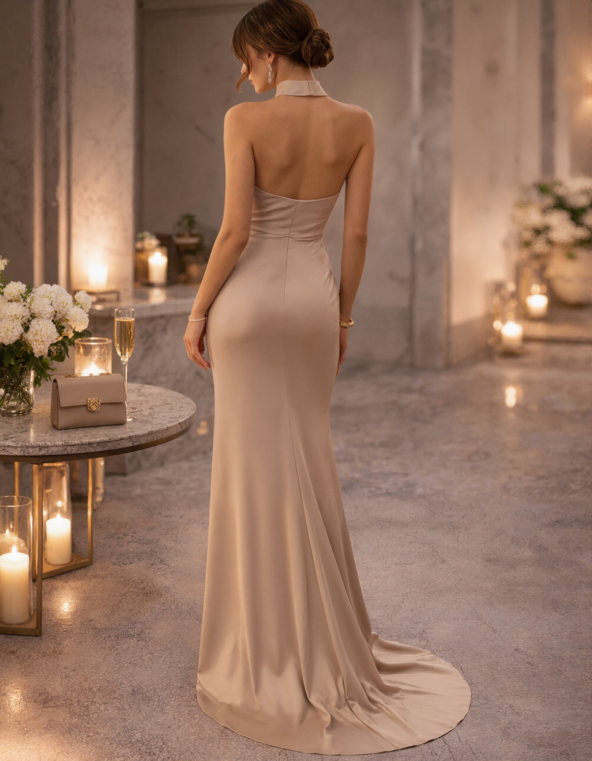 Champagne Colored Satin High Slit Maxi Dress