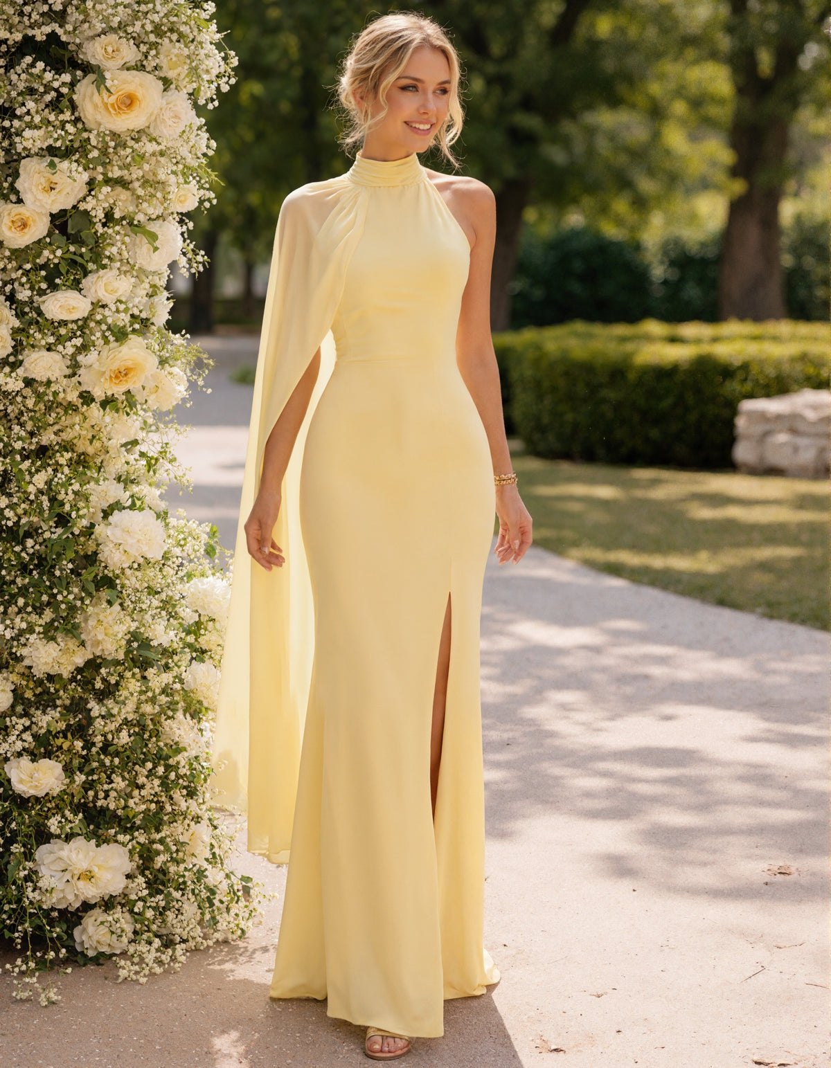 Lemon Yellow Chiffon Shawl Sleeves Maxi Dress