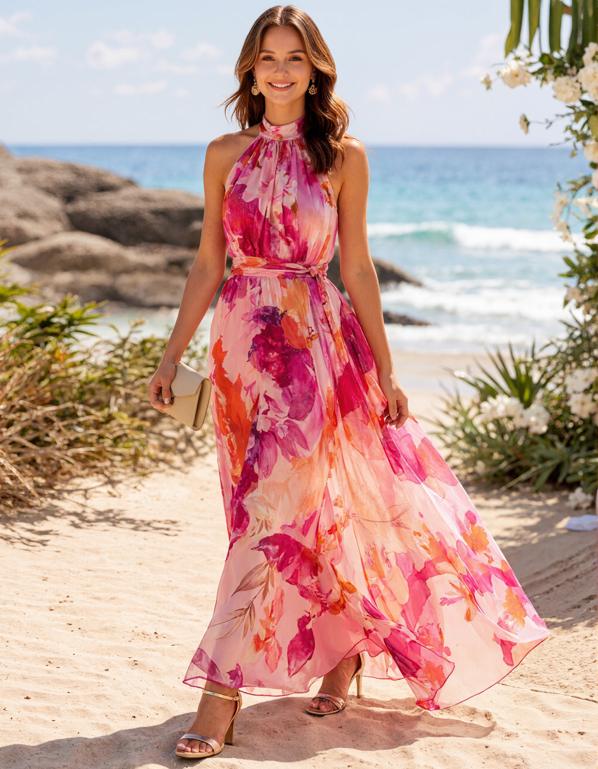 Pink Floral Watercolor Print Chiffon Maxi Dress