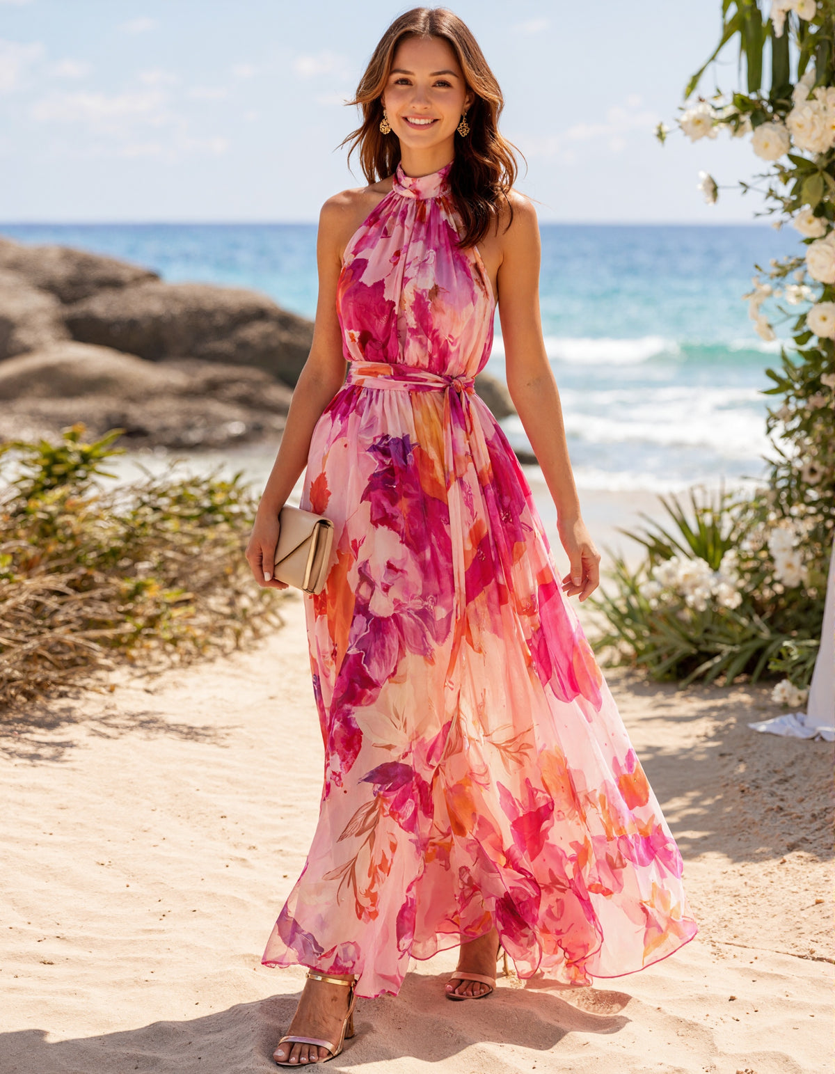 Pink Floral Watercolor Print Chiffon Maxi Dress
