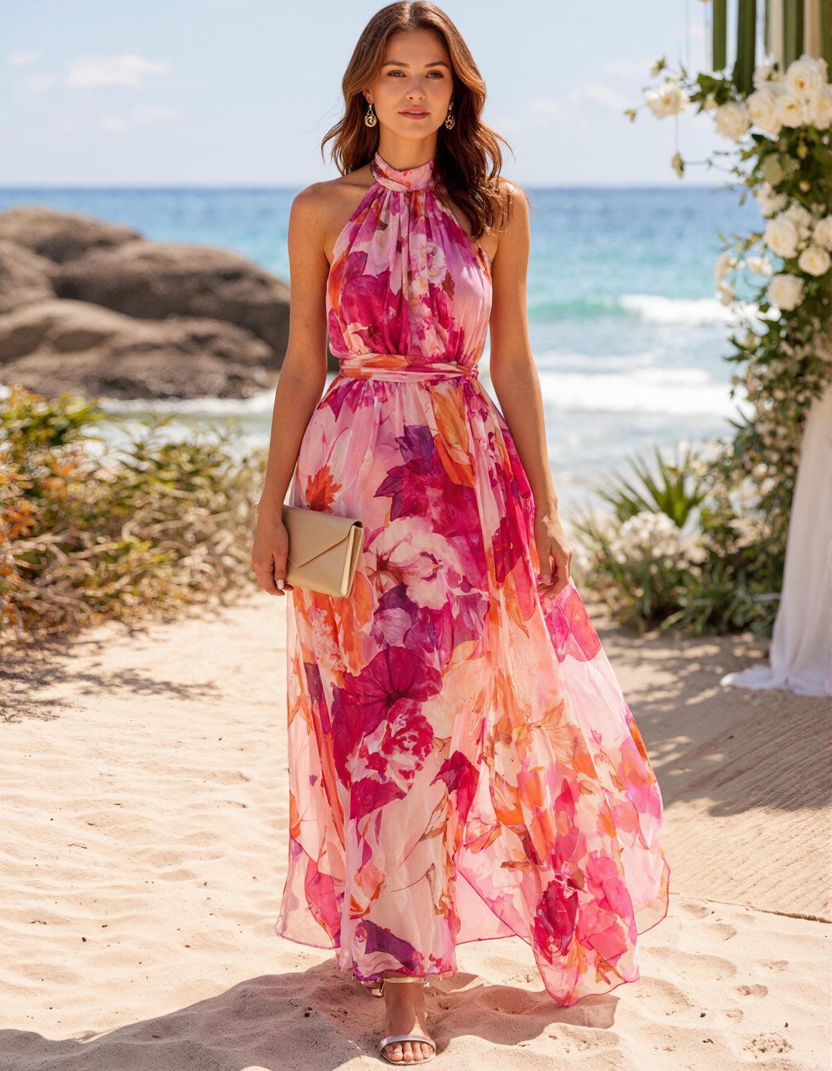 Pink Floral Watercolor Print Chiffon Maxi Dress