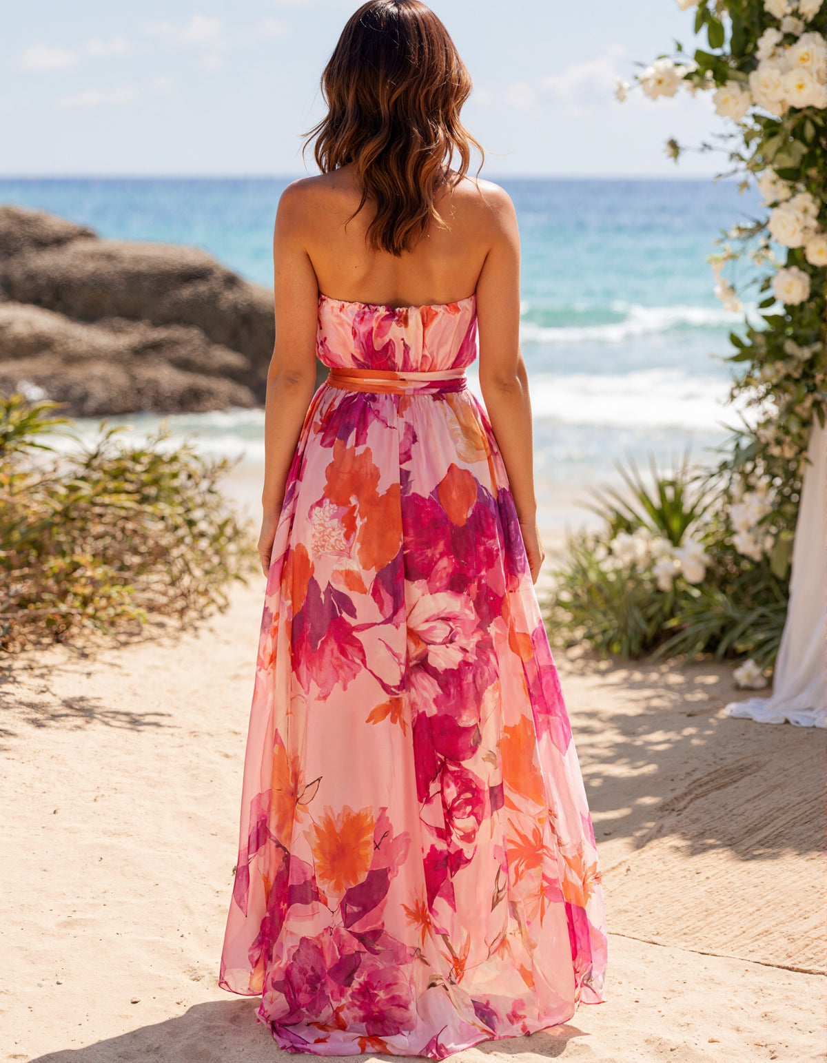 Pink Floral Watercolor Print Chiffon Maxi Dress