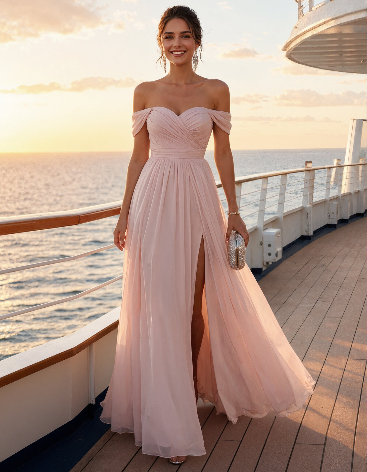 Pink Chiffon Off Shoulder Maxi Dress