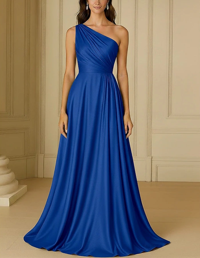 Vestido largo de satén de un solo hombro en color liso