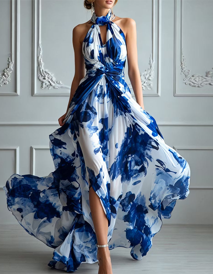 Blue And White Floral Print Chiffon Maxi Dress