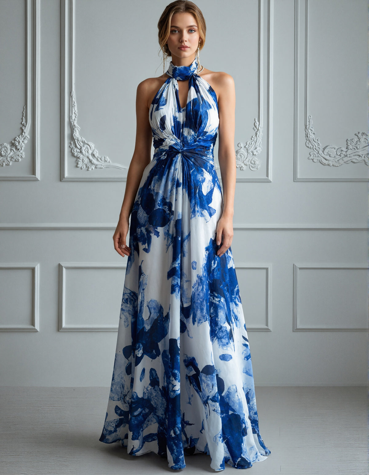 Blue And White Floral Print Chiffon Maxi Dress