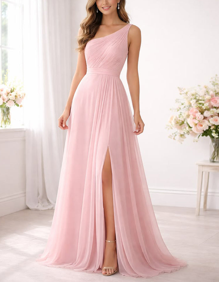 Pink Chiffon One Shoulder Maxi Dress