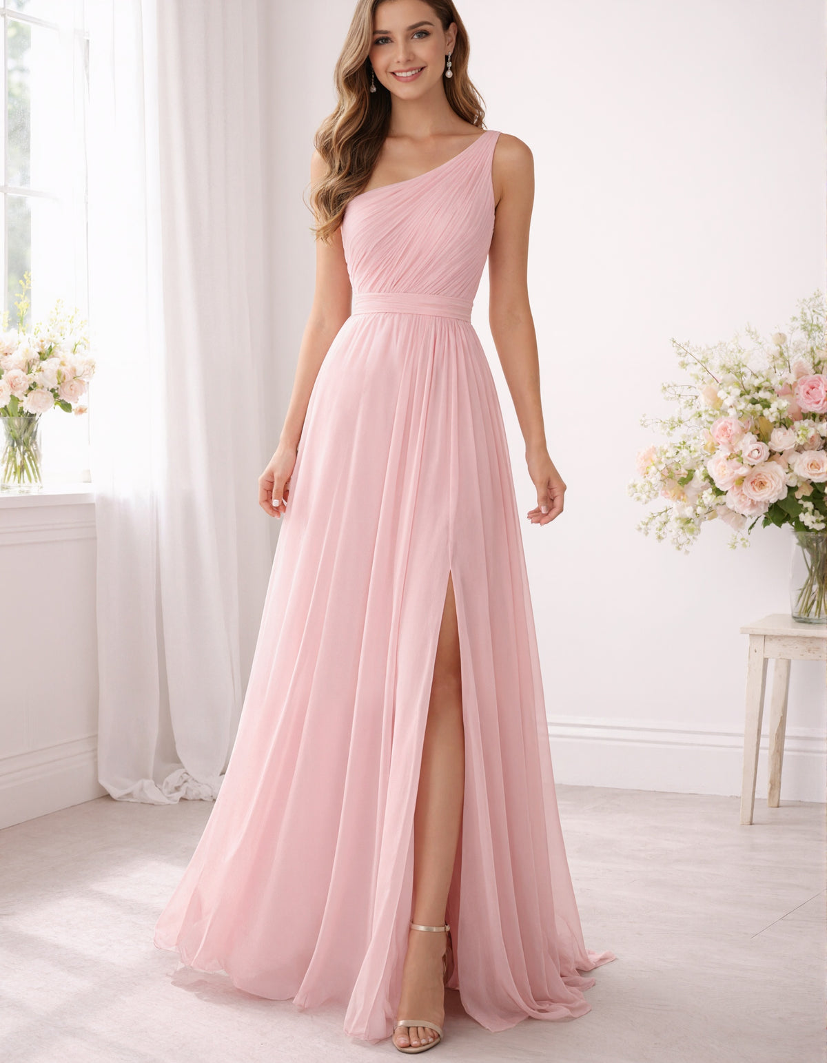 Pink Chiffon One Shoulder Maxi Dress