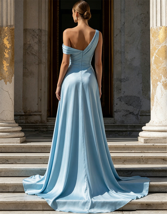 Sky Blue Satin One Shoulder Slit Maxi Dress