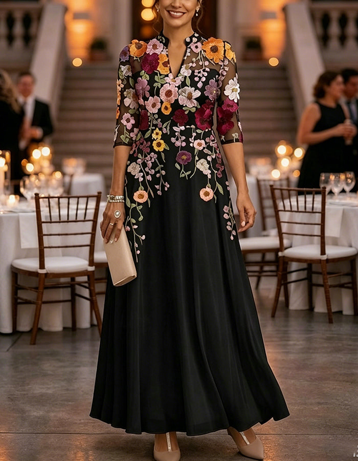 Draped Neck Flowy A-Line Chiffon Maxi Dress