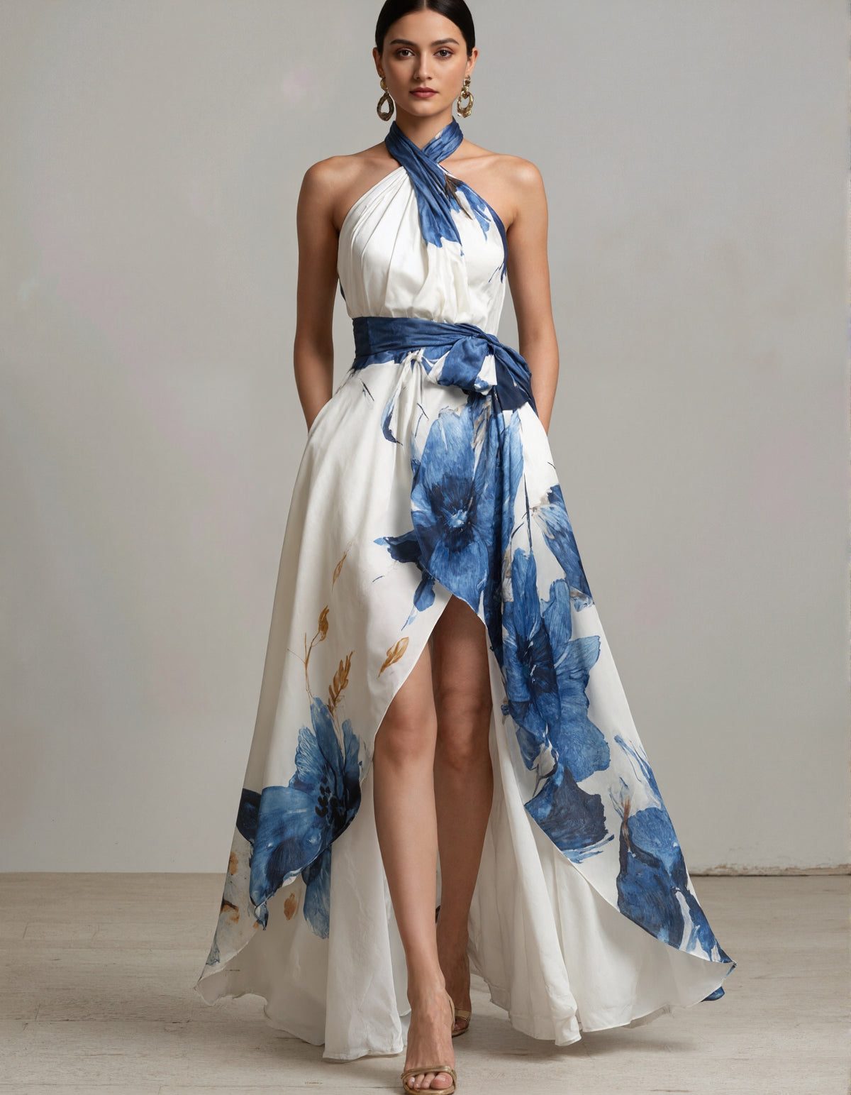 White And Blue Ink Wash Floral Print Halter Neck Maxi Dress