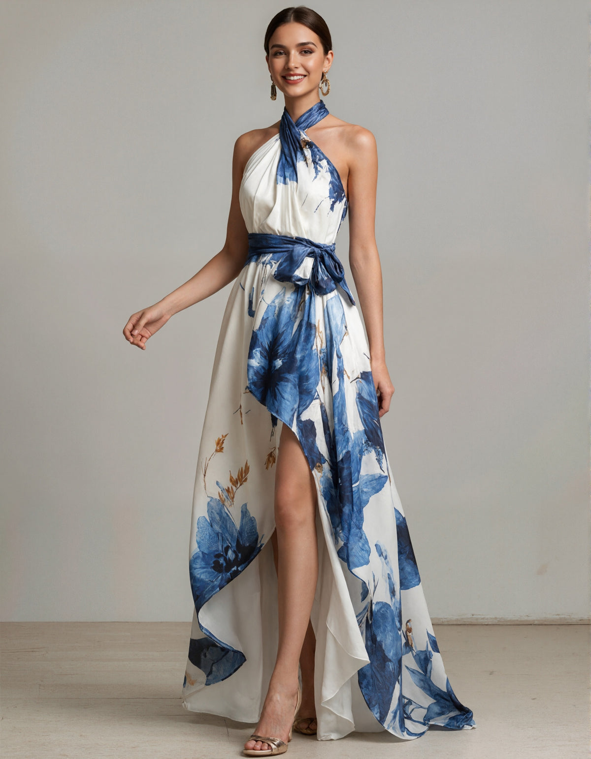 White And Blue Ink Wash Floral Print Halter Neck Maxi Dress