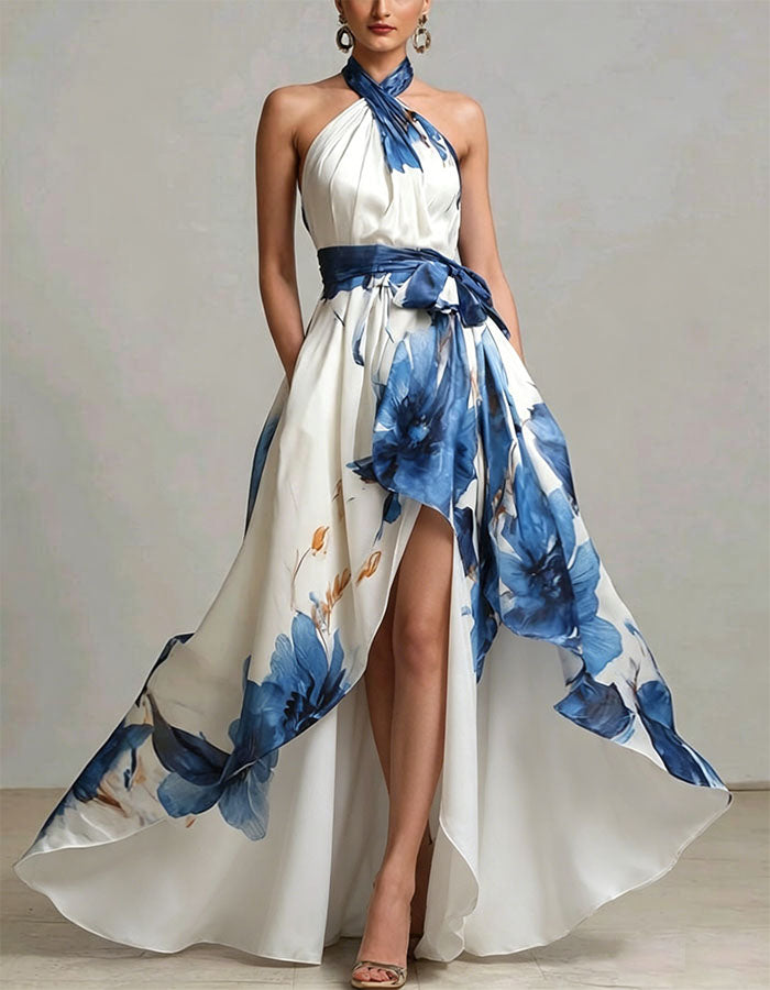 White And Blue Ink Wash Floral Print Halter Neck Maxi Dress